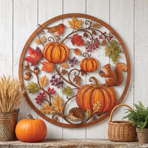 May include: A circular metal wall art piece featuring a relief design of orange pumpkins, red and green autumn leaves, red berries, acorns, a robin, a squirrel, and a hedgehog. The frame is a thin brown circle with a natural, rustic finish.