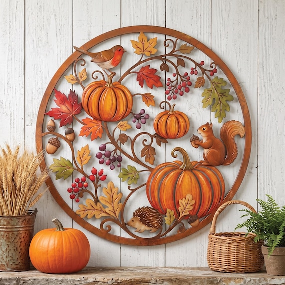 Autumn Pumpkin Metal Wall Art, Woodland Animal Fall Porch Decor, Rustic Harvest Wreath Alternative Squirrel Hedgehog Sign, Thanksgiving Gift