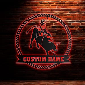 Custom Bull Rider Metal Wall Art LED Light Personalized Rodeo Name Sign ...