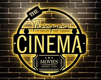 Personalized LED Family Name Cinema Metal Sign | Light up Home Theater Wall Art Housewarming Gift | Door Hanger | Wedding Gift | Theatre Art