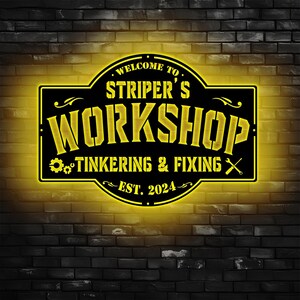 Personalized Garage Metal Wall Art LED Light - Custom Workshop Name Sign Home Decor - Ideal for Home Decor & Gift