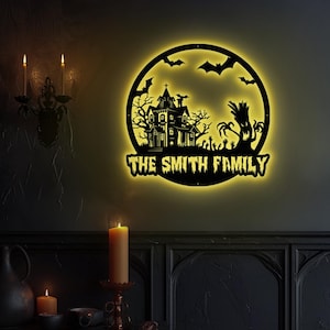 Spookachtige metalen muurkunst Halloween met ledverlichting, metalen bord heksenhuis, Halloween-kunst, decor spookhuis, decor Halloween woonkamer
