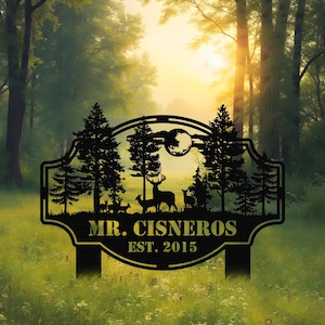 Letrero de metal personalizado con diseño de ciervos en el bosque, letrero personalizado con el nombre de la familia de los ciervos, letrero de ciervo, decoración de granja, letrero de granja, letrero para exteriores, pavo, ciervo, metal
