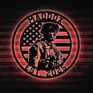 Custom Soldier Military Army Metal Wall Art Led Light, US Soldier Metal Sign Veteran Name Sign, Patriotic Gift Veteran Gift Metal Home Decor