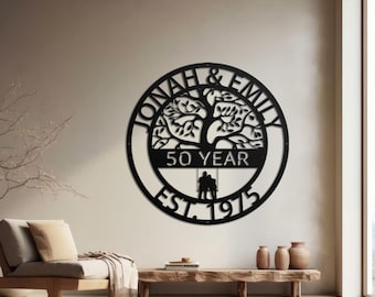 Letrero metálico de aniversario personalizado, regalo de 50.º aniversario, arte mural metálico del árbol de la vida, letrero de aniversario de boda, letrero personalizado con el nombre de la familia.