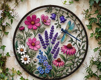 Botanical Metal Wall Art with Dragonfly and Wildflowers, Round Floral Garden Sign, Colorful Outdoor Patio Decor, Nature Gift for Her