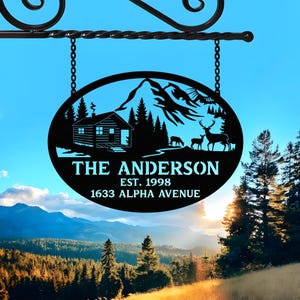 Custom Family Name Metal Sign, Mountain Cabin, Address & Est. Year Metal, Family Address Sign, Pine Tree Metal, Birthday Gift, Mountain sign