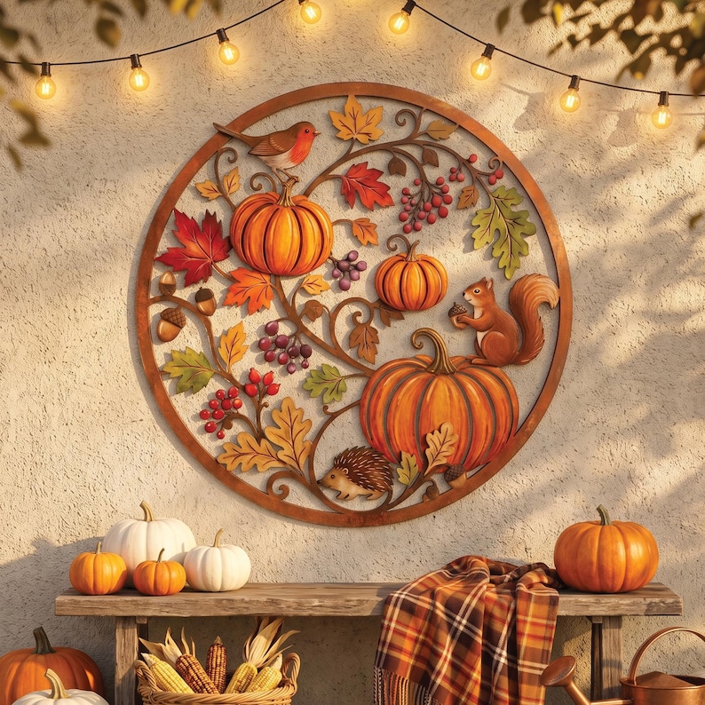 May include: A circular metal wall art piece featuring a seasonal autumn theme with orange pumpkins, red and green leaves, acorns, berries, a robin, a squirrel, and a hedgehog. The design is enclosed in a copper-toned frame with intricate vines.