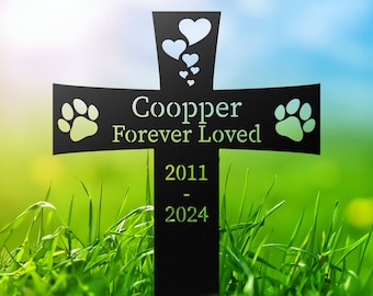 Estaca conmemorativa de mascotas de metal personalizada, marcador de tumbas con huellas de patas de perro, regalo personalizado de pérdida de gato y perro, estaca de jardín cruzado para la pérdida de mascota, regalo de mamá de perro