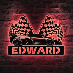 Custom Race Car Custom Name Metal Sign, Race Car Sign, Dirt Track Racing Sign, Race Checkered Flag Name Sign Racing Flag Metal Dad Gift