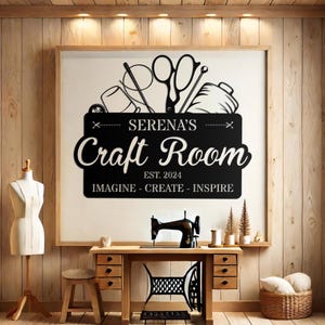 Letrero LED de metal personalizado para sala de manualidades, letrero para sala de costura, decoración de letreros artesanales, arte de pared para sala de manualidades, letrero de metal para oficina, decoración de oficina en casa.