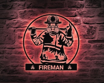 Letrero LED de metal personalizado de bombero, arte de pared de bombero, decoración de pared de bombero, regalo de bombero, regalo de primeros auxilios, monograma del departamento de bomberos