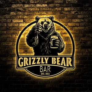 Custom Funny Black Polar Bear Thirsty Beer Pub Metal Wall Art LED Light Personalized Beer Bar Name Sign Bar Home Decor Beer Lover Decoration