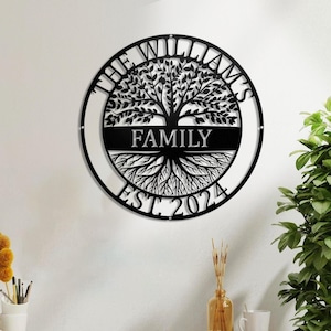 Custom Welcome Family Tree of Life Name Sign - Personalized Metal Wall Art Deco - Metal Home Sign - Family Wall Hanging Olive Tree Door Sign