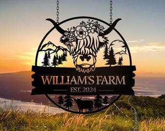Custom Highland Cow Metal Sign,Highland Cow Metal Wall Art,Personalized Highland Cow Farm Welcome Sign,Farmhouse Decor,Cow Door Hanger Sign