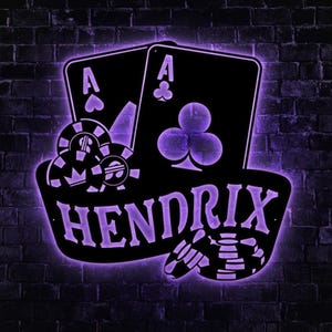 Naipes de casino personalizados, fichas, dados de juego, póquer, arte de pared de metal, luz LED, letrero con nombre de jugador personalizado, decoración del hogar, decoración de zona de juegos
