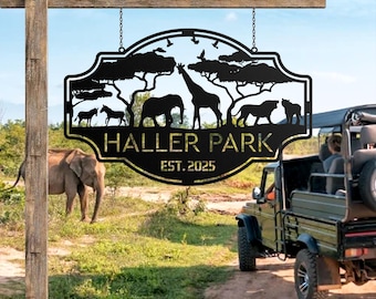 Personalized Safari Park Sign, Custom Wildlife Metal Sign, Gift for Safari Lovers, Custom Name Jungle Decor, African Animal Park Wall Art