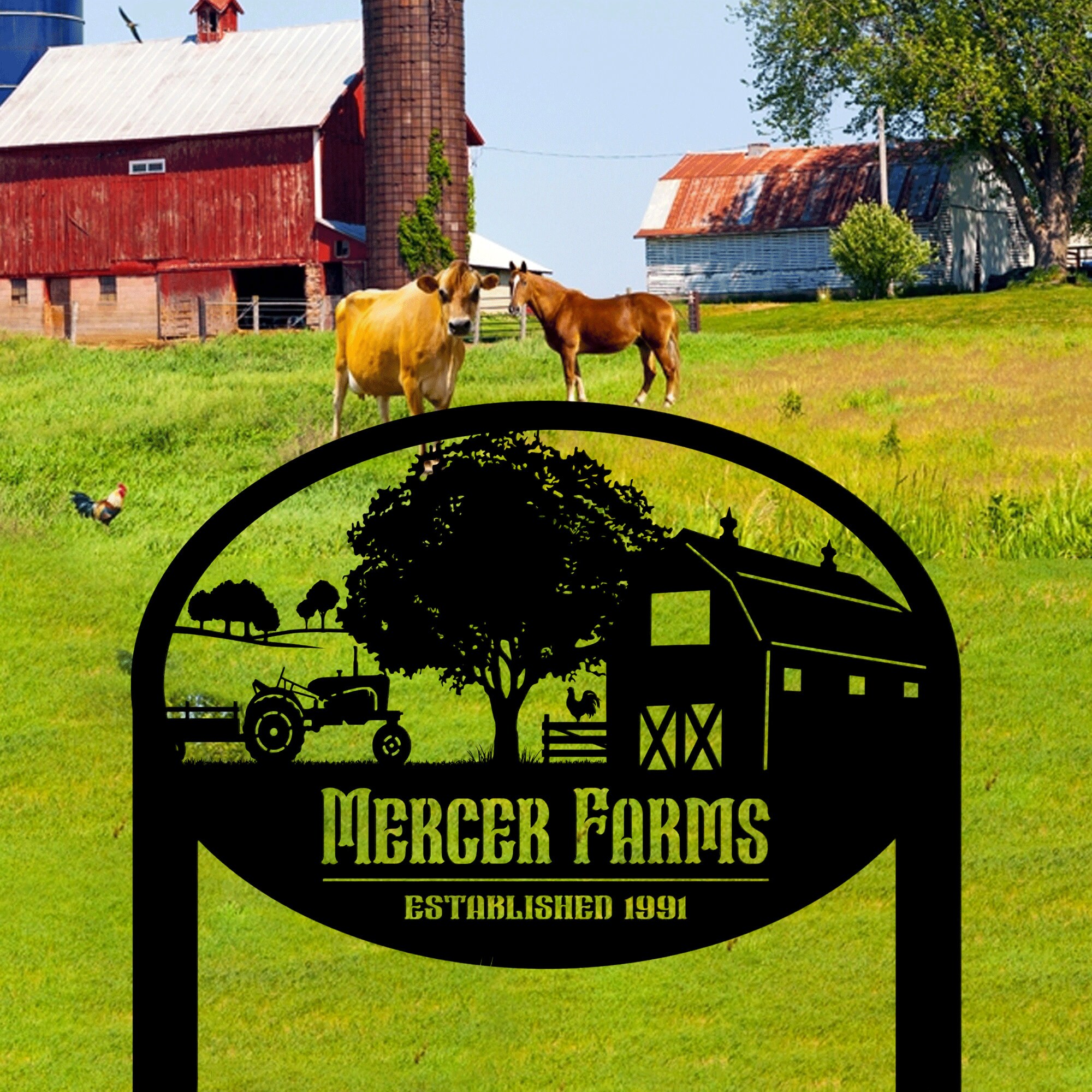 Personalized Oval Tractor and Wagon Farm Scene Sign, Custom Ranch Metal ...