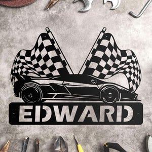 Custom Race Car Custom Name Metal Sign, Race Car Sign, Dirt Track Racing Sign, Race Checkered Flag Name Sign Racing Flag Metal Dad Gift