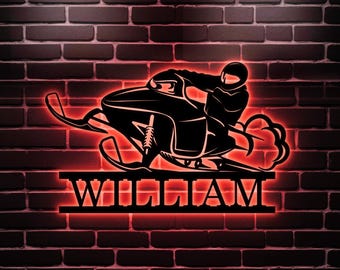 Personalized Snowmobile Metal Sign Wall Art LED Light | Custom Name Ski-Doo Name Sign | Home Decor Motor Sled Biker Decoration, X-mas Gifts