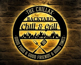 Könnte beinhalten: Schwarzes Metallschild mit dem Text "The ChillAx Backyard Chill & Grill Good Food & Good Friends & Good Times". Das Schild hat ein Flammenmuster und eine gekreuzte Grillgabel und -spatel.