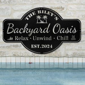 Personalized Backyard Pool Metal Sign, Outdoor Wall Decor, Pool Signs for Outdoor Personalized,Custom Backyard Oasis Sign Patio Decor, Gift