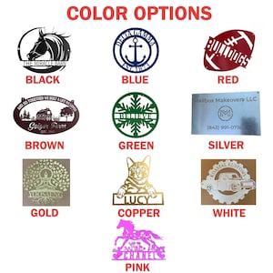 K&ouml;nnte beinhalten: Eine Tabelle, die verschiedene Metallschilderfarben mit Beispielen f&uuml;r jede Farbe zeigt. Die Farben sind Schwarz, Blau, Rot, Braun, Gr&uuml;n, Silber, Gold, Kupfer, Wei&szlig; und Pink.