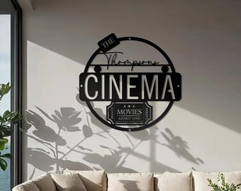 Personalized LED Family Name Cinema Metal Sign | Light up Home Theater Wall Art Housewarming Gift | Door Hanger | Wedding Gift | Theatre Art