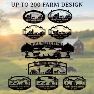 May include: Black metal farm signs with various designs, including barns, animals, and landscapes. Each sign features a farm name and the year "EST. 2025". The signs are in different shapes, such as ovals and rectangles, and are suitable for outdoor display.