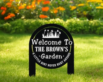Letrero de jardín personalizado con estaca, diseño floral, nombre de jardinero, metal, para porche