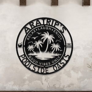Personalized Family Poolside Metal Sign-palm tree tropical Metal wall Art-Tiki Bar Sign -Backyard Sign Decor-Welcometo The Patio WallHanging