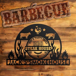 Custom BBQ Metal Sign, Personalized BBQ Name Sign, Smokehouse Metal Sign, Barbecue Metal Sign, Patio Metal Sign, BBQ Decor, Family Gifts