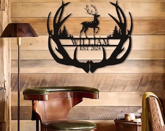 Custom Reindeer Antler Metal LED Sign, Hunter Gift, Elk Deer Camp Sign, Wedding gifts for man, Personalized Deer Sign, Father's Day Gift
