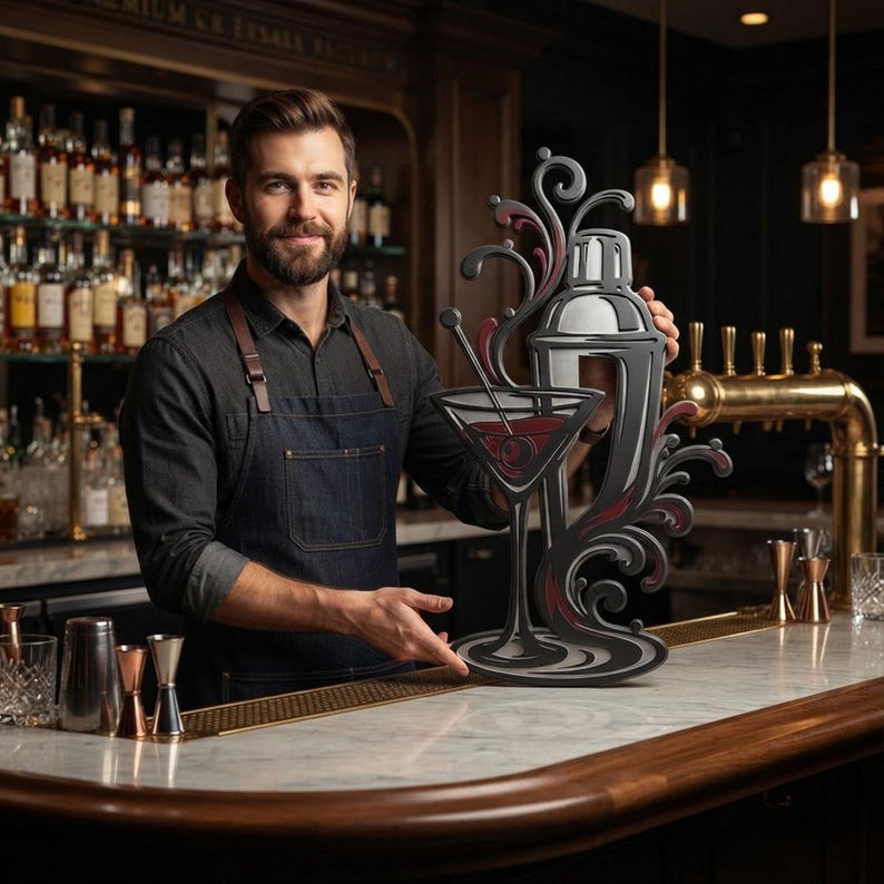 May include: A decorative wall art piece featuring a stylized cocktail shaker and a martini glass with a red liquid swirl. The design is rendered in shades of black, gray, and deep red, showcasing a fluid, artistic representation of barware.