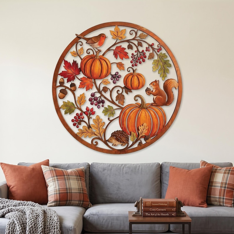 May include: A circular wall art piece featuring a detailed autumn scene with orange pumpkins, red and yellow maple leaves, acorns, and berries. A small robin, a squirrel, and a hedgehog are integrated into the intricate, swirling metal vine design.