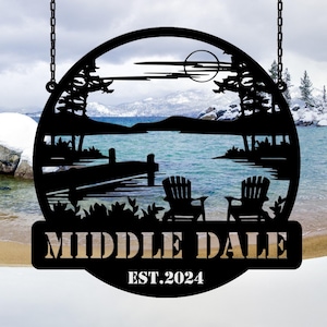 Cartello in metallo personalizzato Lake House, cartello del lago forestale, cartello con nome personalizzato della casa sul lago, cartello in metallo da campeggio, arredamento della casa sul lago, arredamento del portico anteriore