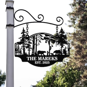 Bear Metal Sign Personalized, Bear In Woods Cabin Sign, Last Name Signs for Home,Family Name Black Bear Sign, Custom Bear Sign Dad Gift Sign