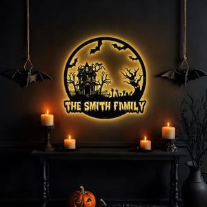 Spookachtige metalen muurkunst Halloween met ledverlichting, metalen bord heksenhuis, Halloween-kunst, decor spookhuis, decor Halloween woonkamer