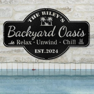 Personalized Backyard Pool Metal Sign,Outdoor Wall Decor,Pool Signs for Outdoor Personalized,Custom Backyard Oasis Sign Patio Decor, Gift