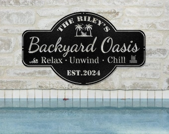 Personalized Backyard Pool Metal Sign,Outdoor Wall Decor,Pool Signs for Outdoor Personalized,Custom Backyard Oasis Sign Patio Decor, Gift