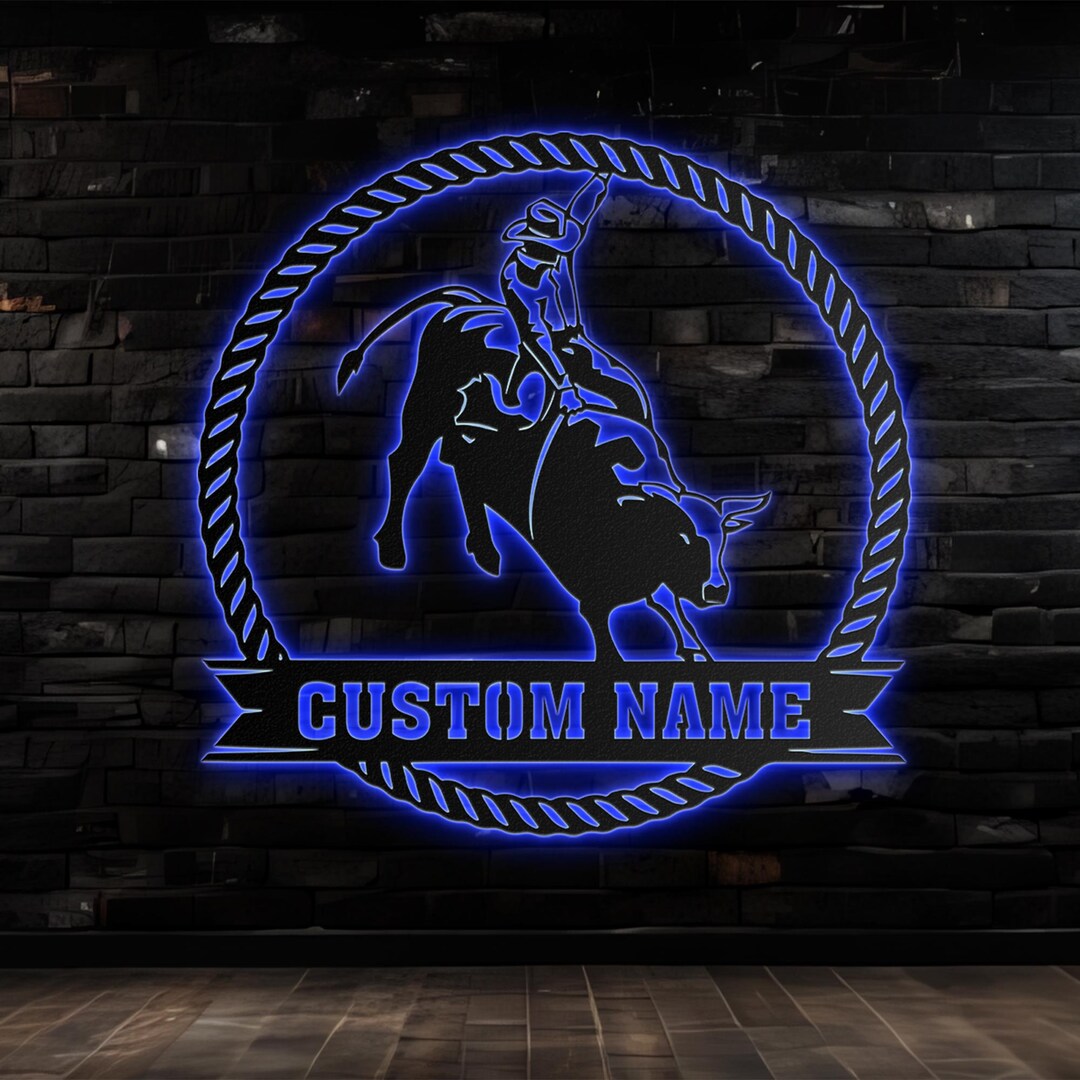 Custom Bull Rider Metal Wall Art LED Light Personalized Rodeo Name Sign ...