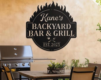 Personalized Bar & Grill Sign, Personalized Outdoor Sign,Custom Bar and Grill Sign, Personalized Metal BBQ Sign, Outdoor Kitchen Metal Signs