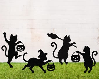 Estaca de metal para jardín con forma de gato de Halloween, letrero de gato bailando, decoración de jardín con forma de gato brujo, regalos de decoración exterior de Halloween, letrero de fiesta de Halloween para jardín