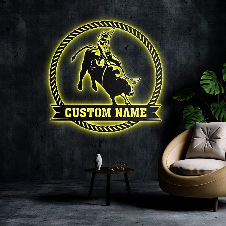 Custom Bull Rider Metal Wall Art LED Light Personalized Rodeo Name Sign ...
