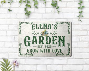 Benutzerdefinierte Gartenschild mit Ihrem Namen, Retro Metallschild, Minimalistisches Gartenschild, Außenschild, Geschenk für Gärtner, Metallschild