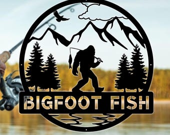 Metalen bord met aangepaste naam voor buiten | Bigfoot Fishing metalen bord | Metalen sasquatch | Bigfoot-tuindecoratie | Bigfoot Yard Art | Yeti-teken