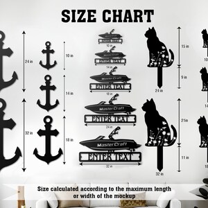 May include: A size chart displays various black metal wall art pieces, including anchors, boats with the text "ENTER TEXT", and cat silhouettes. The anchors range from 10 inches to 32 inches in height. The boats range from 10 inches to 32 inches in width. The cats range from 3 inches to 21 inches in height.