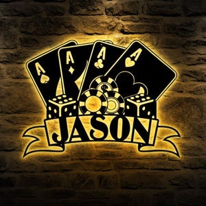 Personalized Poker Metal Wall Art With Lights, Gift For Poker Lover, Poker Game Room Decor, Gamer Gift Custom Monogram Sign Ace Quad Sign