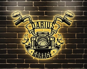 May include: A yellow neon sign with a motorcycle design and the text "Darius Garage".