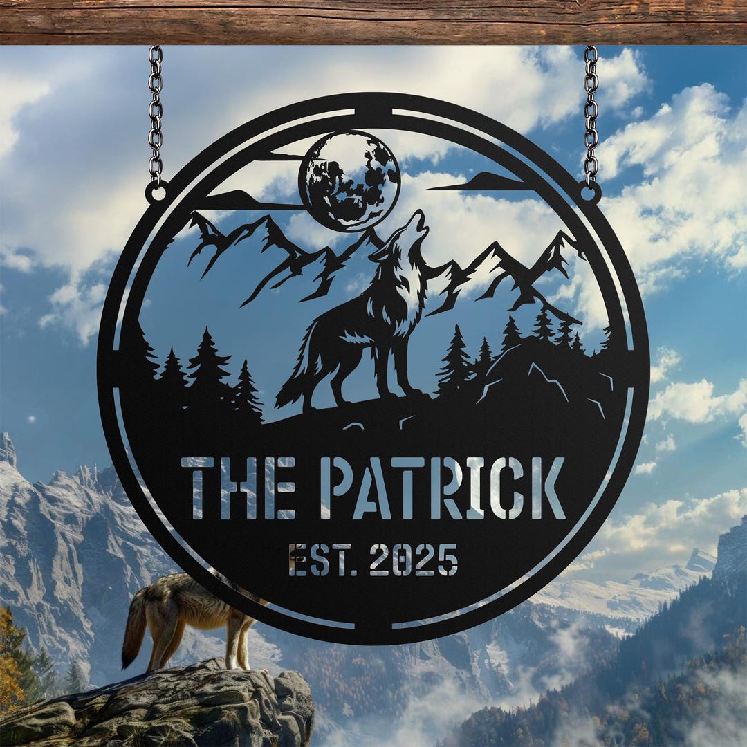 Personalized Wolf Metal Sign, Custom Mountain Cabin Outdoor Plaque With ...